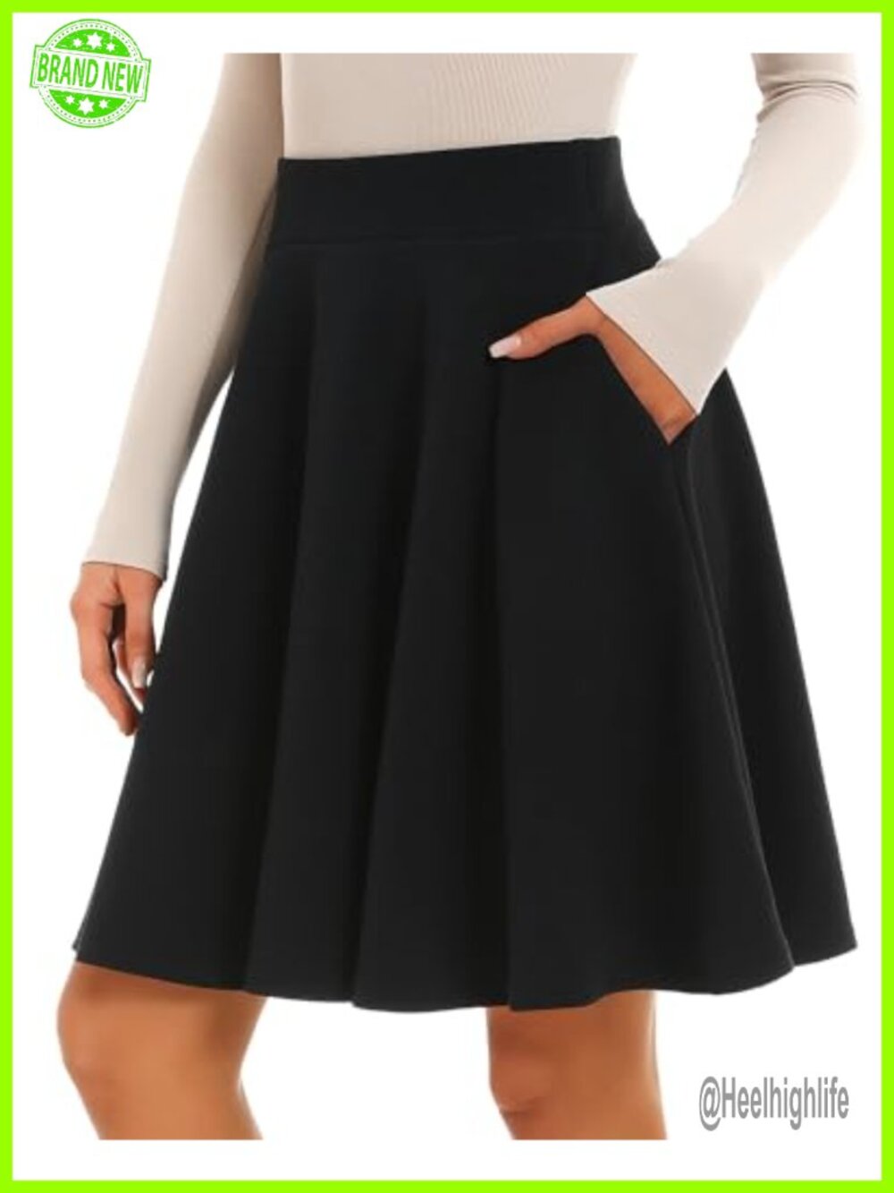 Knee Length Flared A-Line Skirt High Waisted with Pockets Textured Work Office